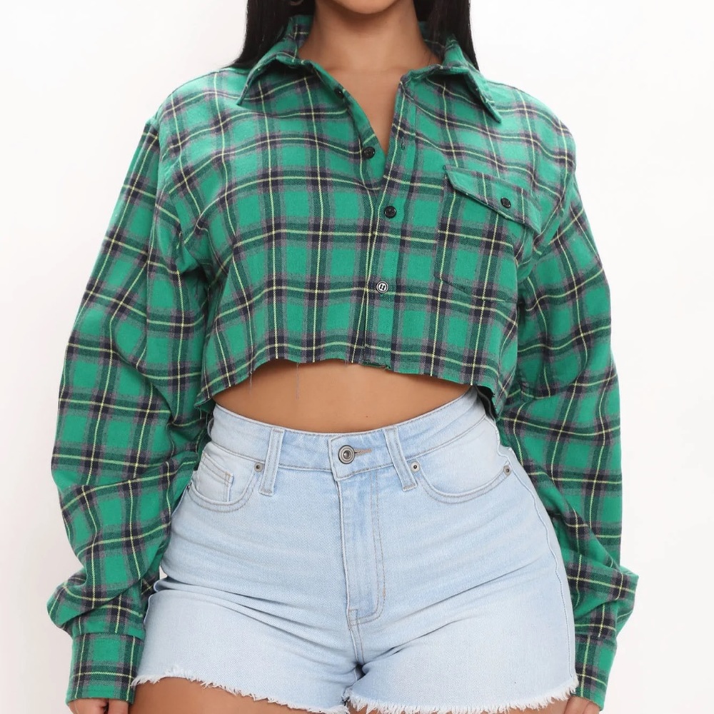 Cropped Flannel Top Fashion Nova Plaid Green Plus Size 3X